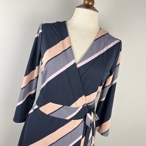 Ann Taylor Stripe True Wrap Dress Womens 4 Navy Blue Preppy Career